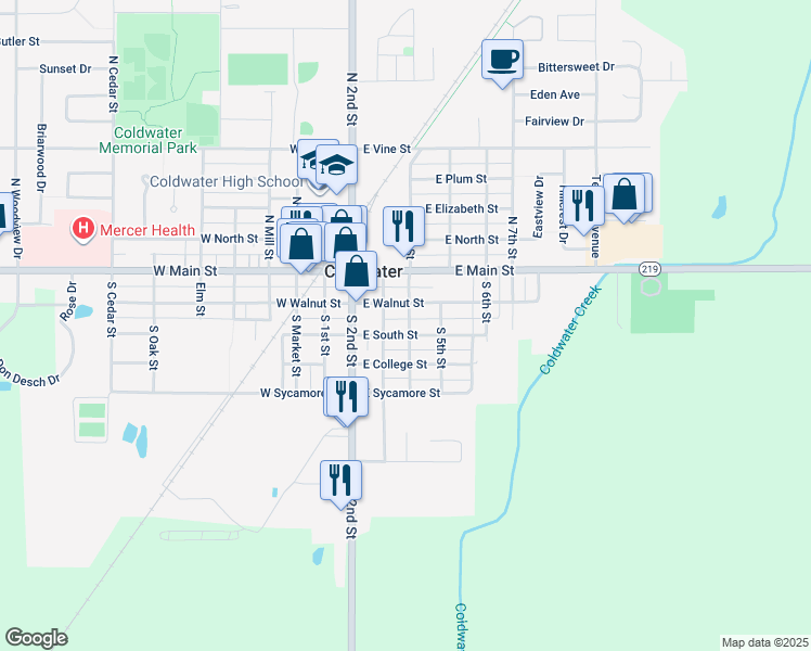 map of restaurants, bars, coffee shops, grocery stores, and more near 211 East South Street in Coldwater
