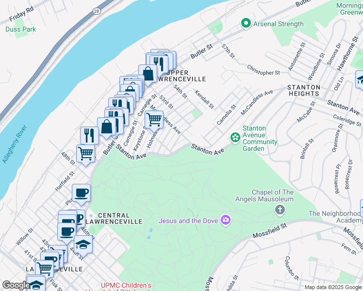 map of restaurants, bars, coffee shops, grocery stores, and more near in Pittsburgh