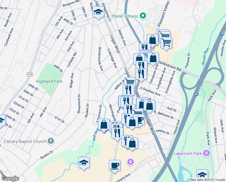 map of restaurants, bars, coffee shops, grocery stores, and more near 316 Milton Avenue in Altoona