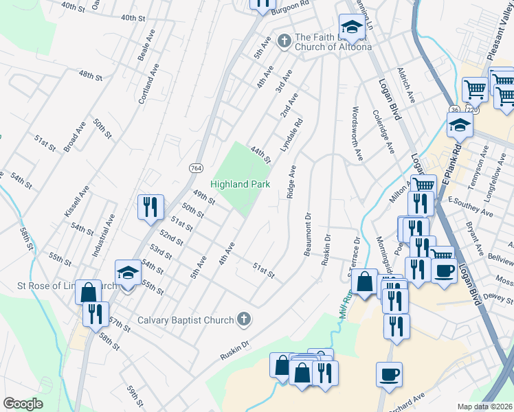 map of restaurants, bars, coffee shops, grocery stores, and more near 5001 4th Avenue in Altoona