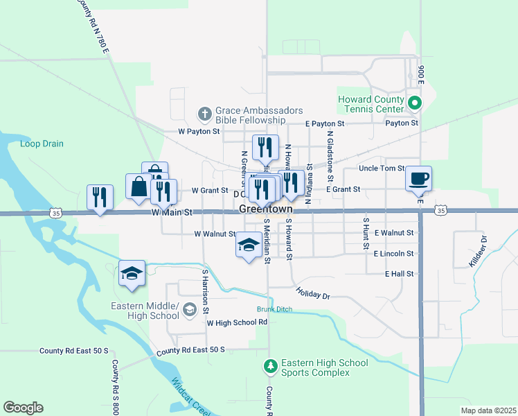 map of restaurants, bars, coffee shops, grocery stores, and more near 110 West Main Street in Greentown