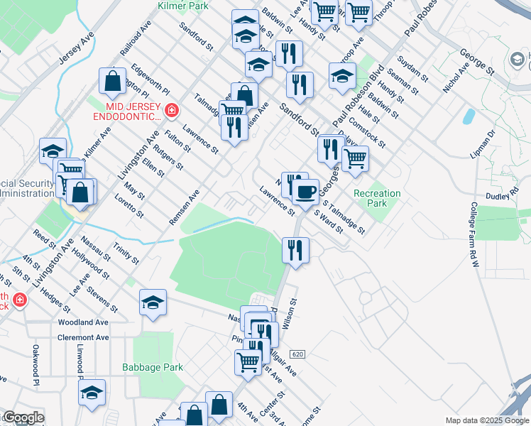 map of restaurants, bars, coffee shops, grocery stores, and more near 350 Commercial Avenue in New Brunswick