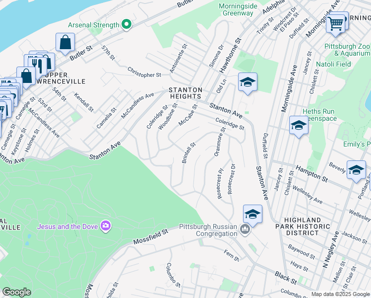 map of restaurants, bars, coffee shops, grocery stores, and more near 8 Coleridge Place in Pittsburgh