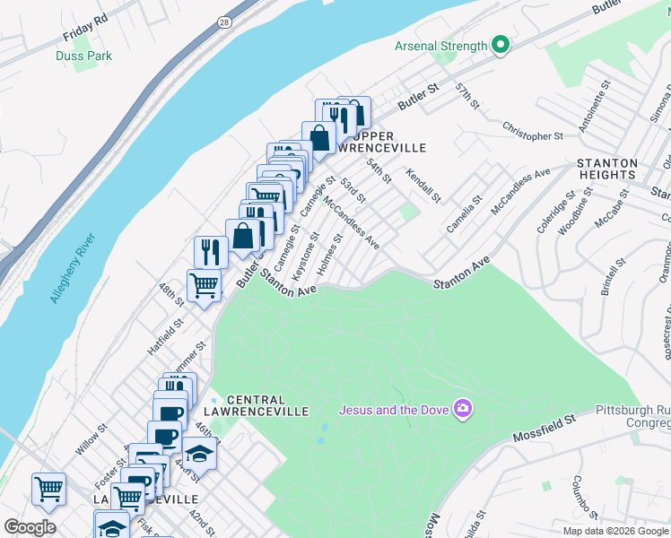 map of restaurants, bars, coffee shops, grocery stores, and more near 5181 Stanton Avenue in Pittsburgh