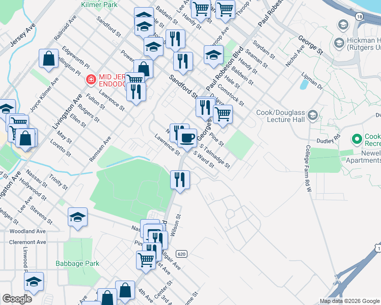 map of restaurants, bars, coffee shops, grocery stores, and more near 40 Hazelhurst Street in New Brunswick