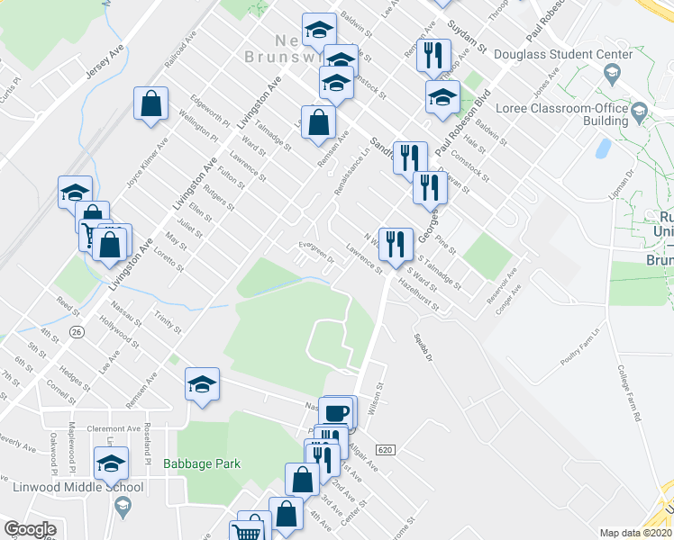 map of restaurants, bars, coffee shops, grocery stores, and more near 350 Commercial Avenue in New Brunswick