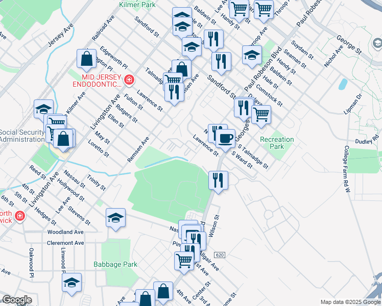 map of restaurants, bars, coffee shops, grocery stores, and more near 350 Commercial Avenue in New Brunswick