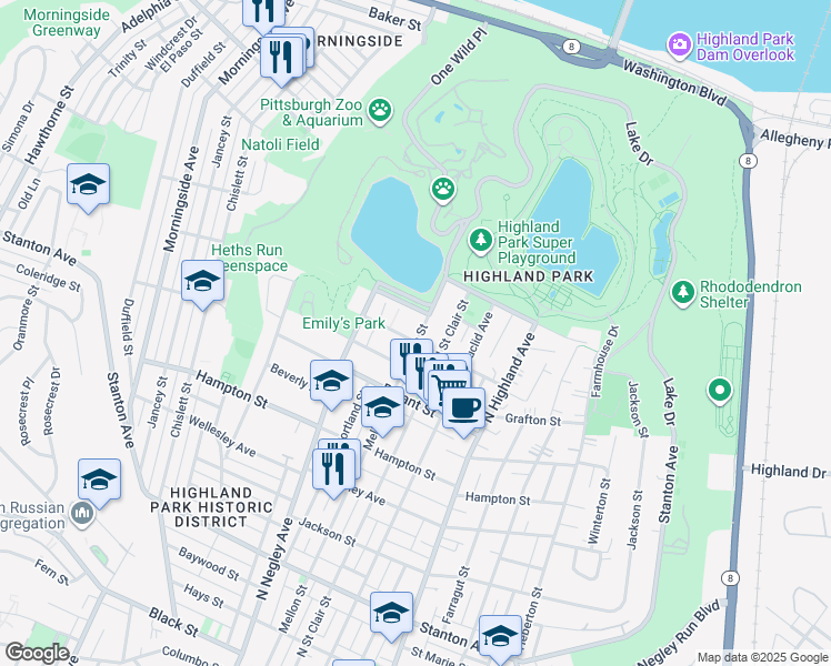 map of restaurants, bars, coffee shops, grocery stores, and more near 5637 Elgin Street in Pittsburgh