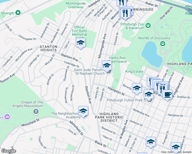 map of restaurants, bars, coffee shops, grocery stores, and more near 1101 Jancey Street in Pittsburgh