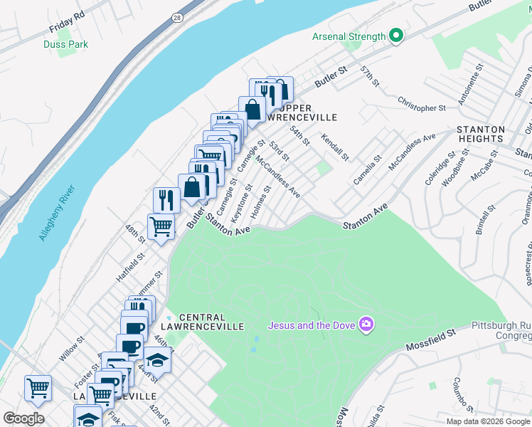 map of restaurants, bars, coffee shops, grocery stores, and more near 5181 Stanton Avenue in Pittsburgh
