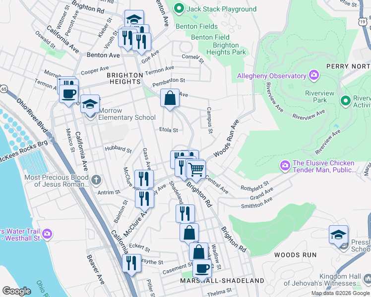 map of restaurants, bars, coffee shops, grocery stores, and more near 3329 Rigel Street in Pittsburgh