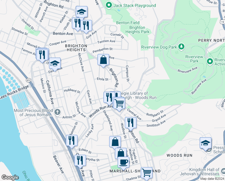 map of restaurants, bars, coffee shops, grocery stores, and more near 3329 Rigel Street in Pittsburgh