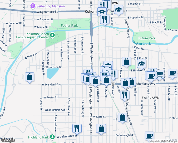 map of restaurants, bars, coffee shops, grocery stores, and more near 900 South Armstrong Street in Kokomo