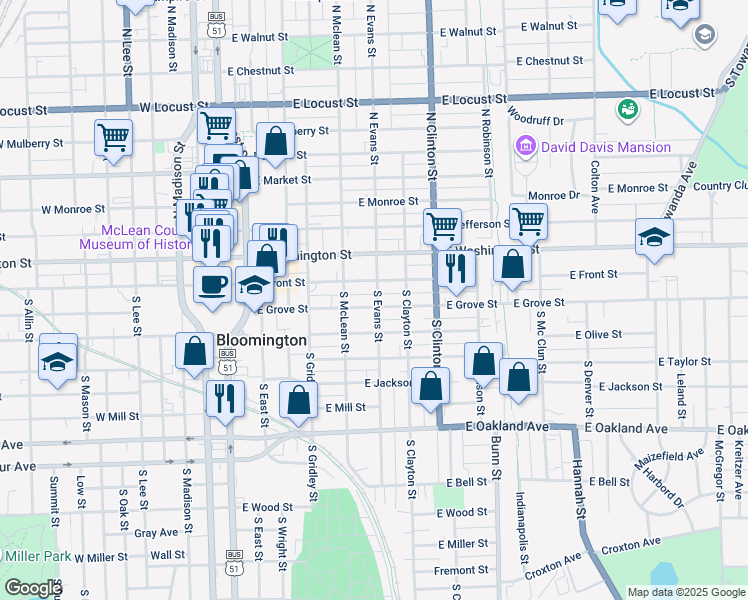 map of restaurants, bars, coffee shops, grocery stores, and more near 509 East Grove Street in Bloomington