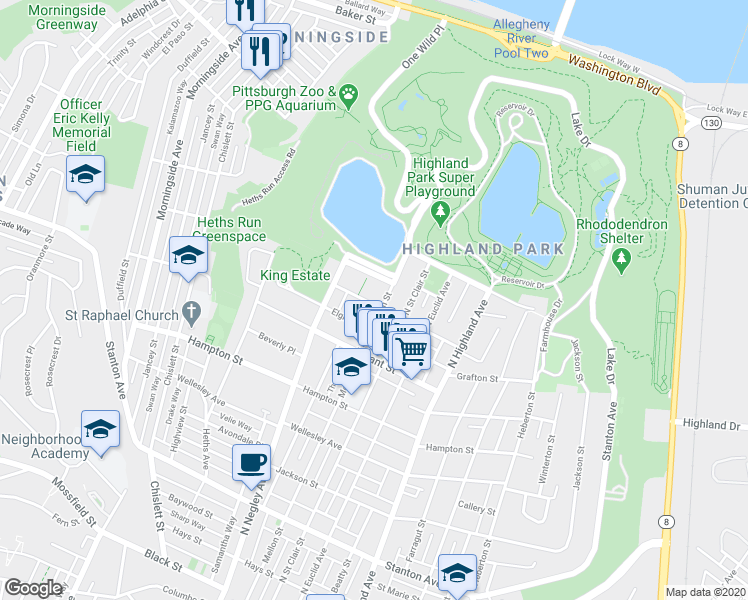 map of restaurants, bars, coffee shops, grocery stores, and more near 5647 Callowhill Street in Pittsburgh