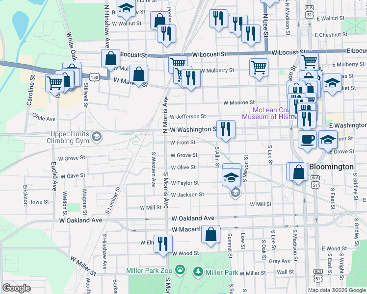 map of restaurants, bars, coffee shops, grocery stores, and more near 920 West Grove Street in Bloomington