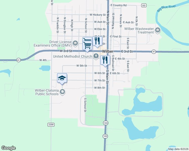 map of restaurants, bars, coffee shops, grocery stores, and more near 223 West 7th Street in Wilber