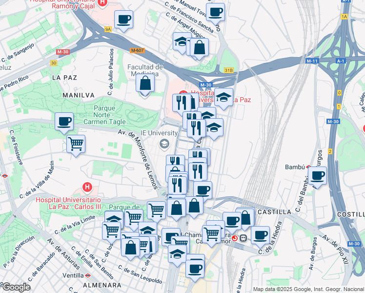 map of restaurants, bars, coffee shops, grocery stores, and more near 259C Paseo de la Castellana in Madrid