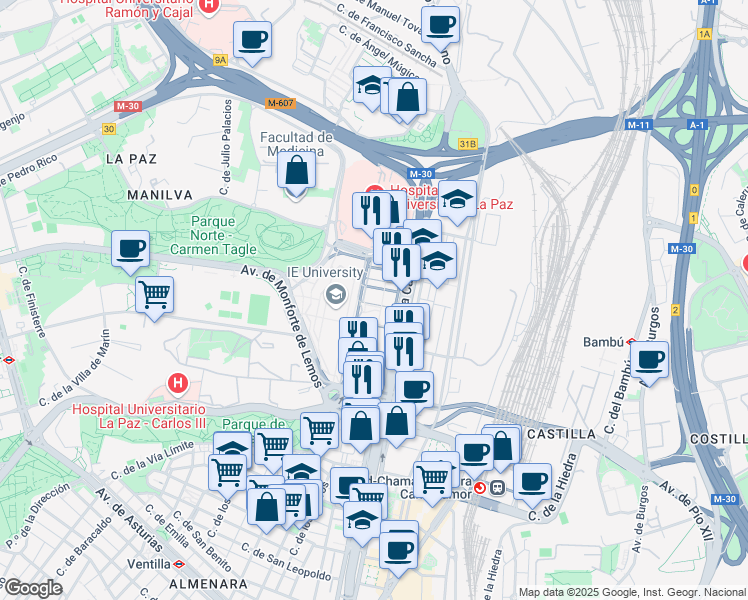 map of restaurants, bars, coffee shops, grocery stores, and more near 259C Paseo de la Castellana in Madrid