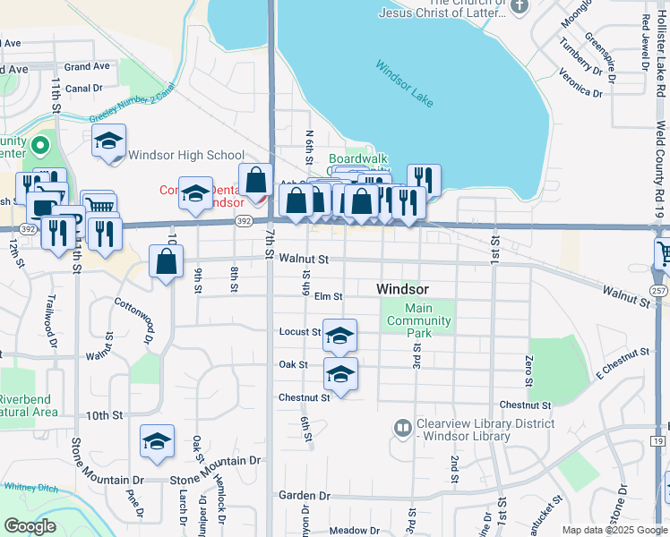 map of restaurants, bars, coffee shops, grocery stores, and more near 503 Walnut Street in Windsor
