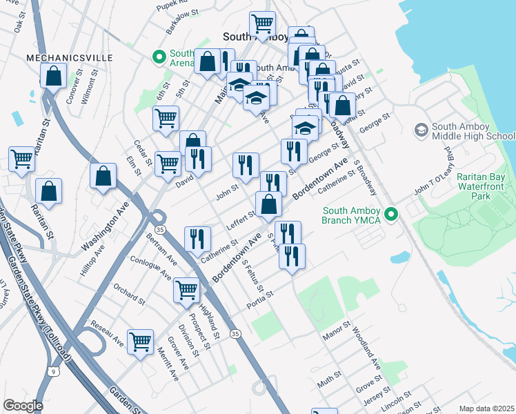 map of restaurants, bars, coffee shops, grocery stores, and more near 417 Leffert Street in South Amboy