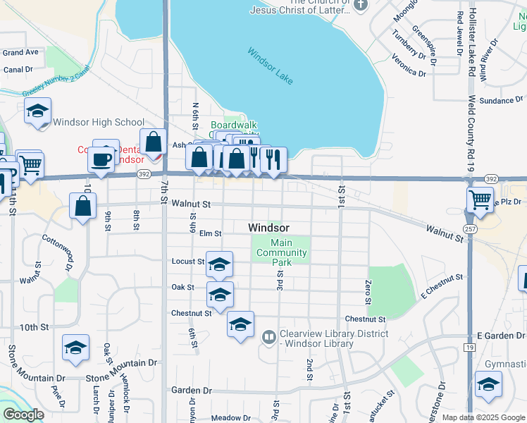 map of restaurants, bars, coffee shops, grocery stores, and more near 319 Walnut Street in Windsor