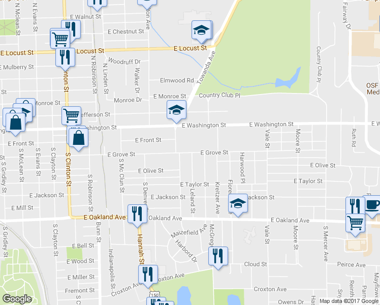 map of restaurants, bars, coffee shops, grocery stores, and more near 1210 East Grove Street in Bloomington
