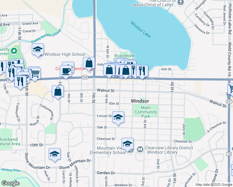 map of restaurants, bars, coffee shops, grocery stores, and more near 503 Walnut Street in Windsor