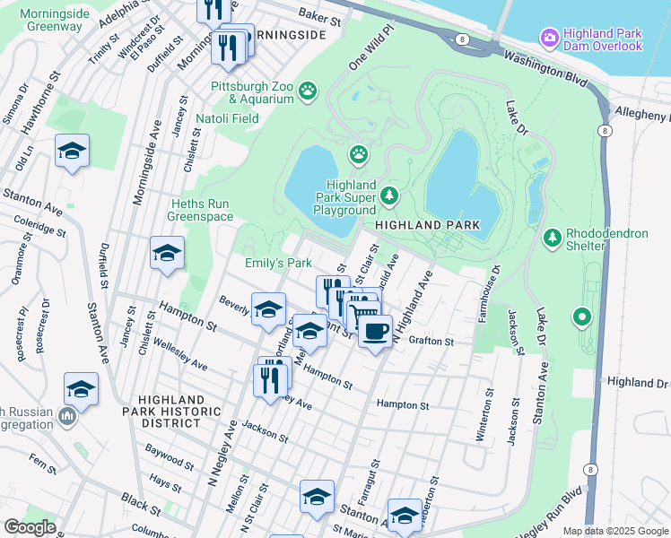 map of restaurants, bars, coffee shops, grocery stores, and more near 5637 Elgin Street in Pittsburgh