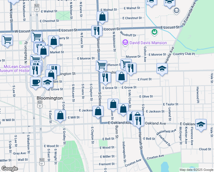 map of restaurants, bars, coffee shops, grocery stores, and more near 814 East Grove Street in Bloomington