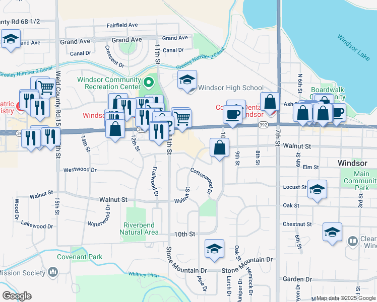 map of restaurants, bars, coffee shops, grocery stores, and more near 1105 Main St in Windsor