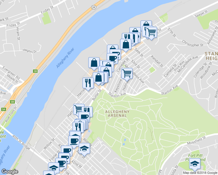map of restaurants, bars, coffee shops, grocery stores, and more near 5113 Carnegie Street in Pittsburgh