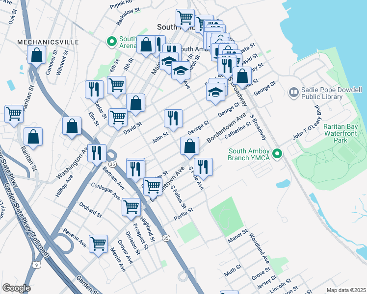 map of restaurants, bars, coffee shops, grocery stores, and more near 145 South Pine Avenue in South Amboy