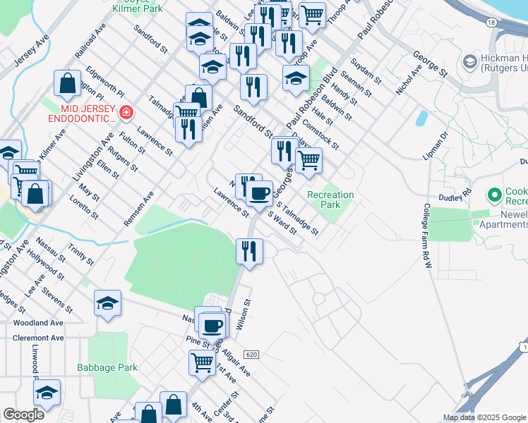 map of restaurants, bars, coffee shops, grocery stores, and more near 57 Georges Road in New Brunswick