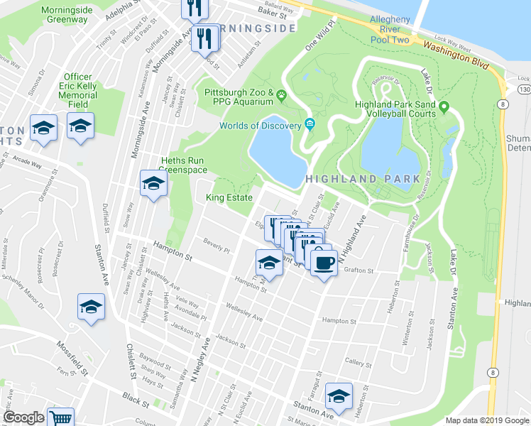 map of restaurants, bars, coffee shops, grocery stores, and more near 1403 North Negley Avenue in Pittsburgh