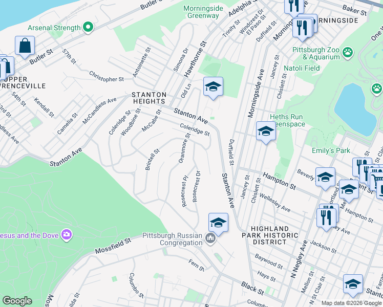 map of restaurants, bars, coffee shops, grocery stores, and more near 4815 Somerville Street in Pittsburgh