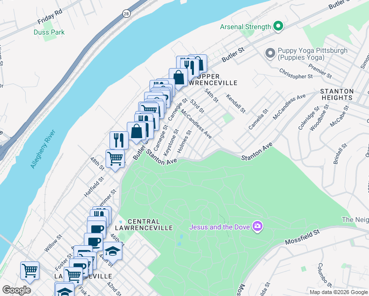 map of restaurants, bars, coffee shops, grocery stores, and more near 5217 Lotus Way in Pittsburgh