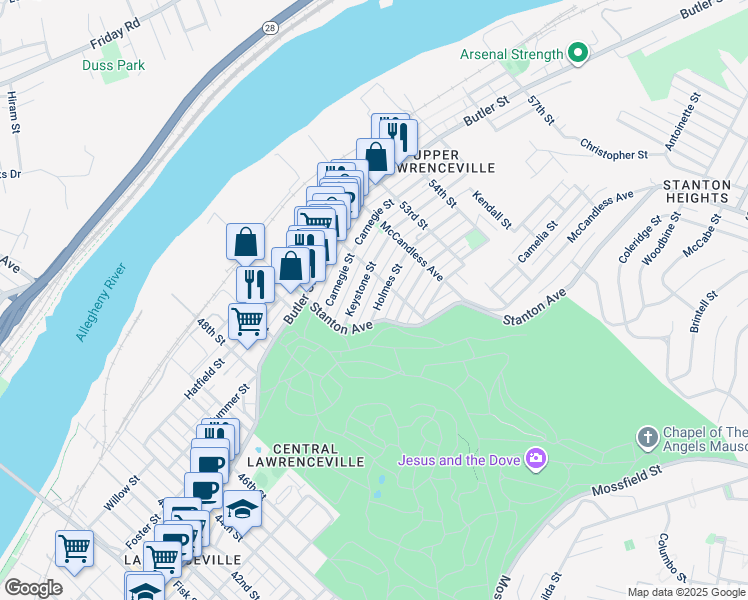 map of restaurants, bars, coffee shops, grocery stores, and more near in Pittsburgh