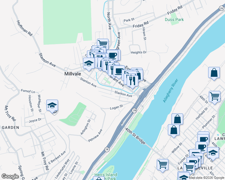 map of restaurants, bars, coffee shops, grocery stores, and more near 19 East Sherman Street in Pittsburgh