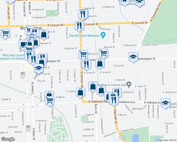 map of restaurants, bars, coffee shops, grocery stores, and more near 817 East Front Street in Bloomington