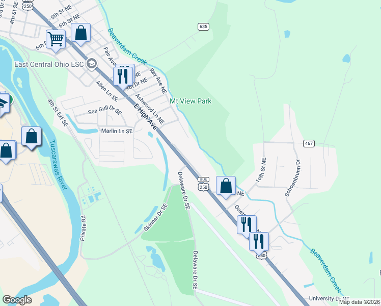map of restaurants, bars, coffee shops, grocery stores, and more near 1383 East High Avenue in New Philadelphia