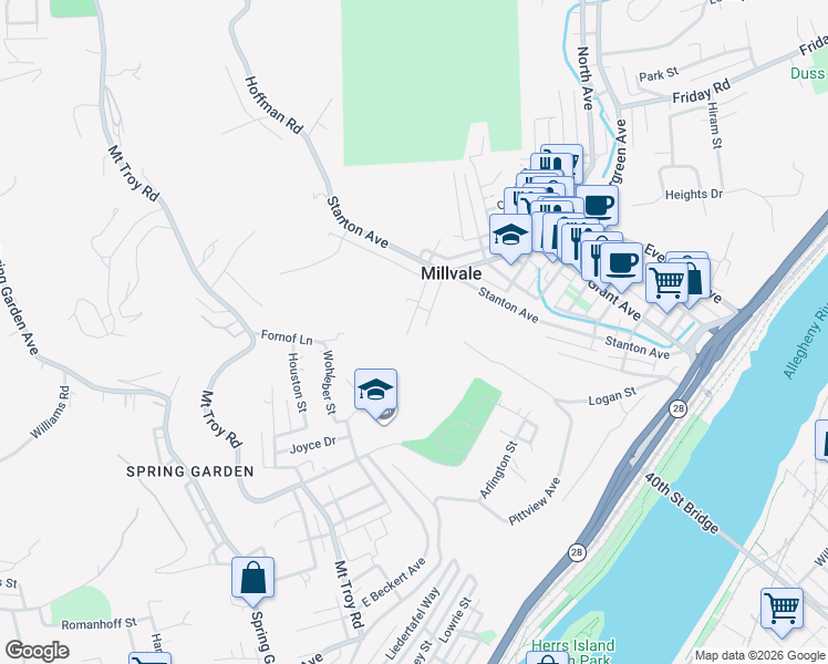 map of restaurants, bars, coffee shops, grocery stores, and more near 38 Troy Street in Pittsburgh