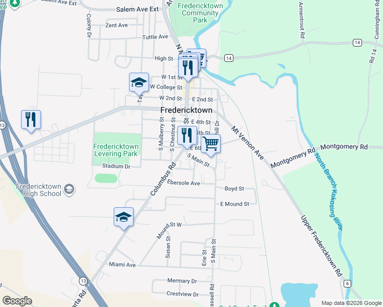 map of restaurants, bars, coffee shops, grocery stores, and more near 74 South Main Street in Fredericktown