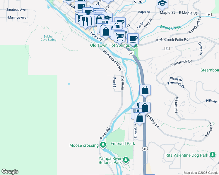 map of restaurants, bars, coffee shops, grocery stores, and more near 351 Pearl Street in Steamboat Springs