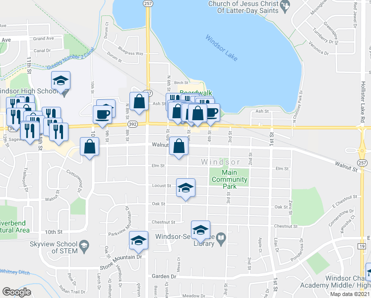 map of restaurants, bars, coffee shops, grocery stores, and more near 304 5th Street in Windsor