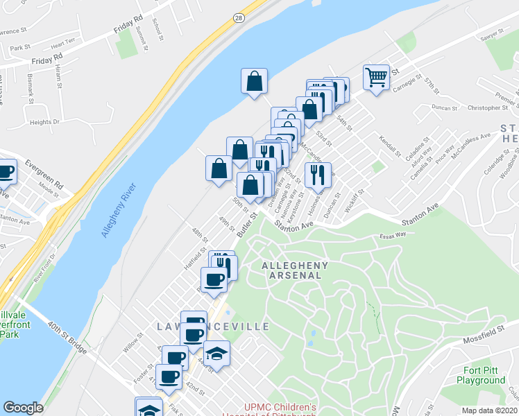 map of restaurants, bars, coffee shops, grocery stores, and more near 199 51st Street in Pittsburgh