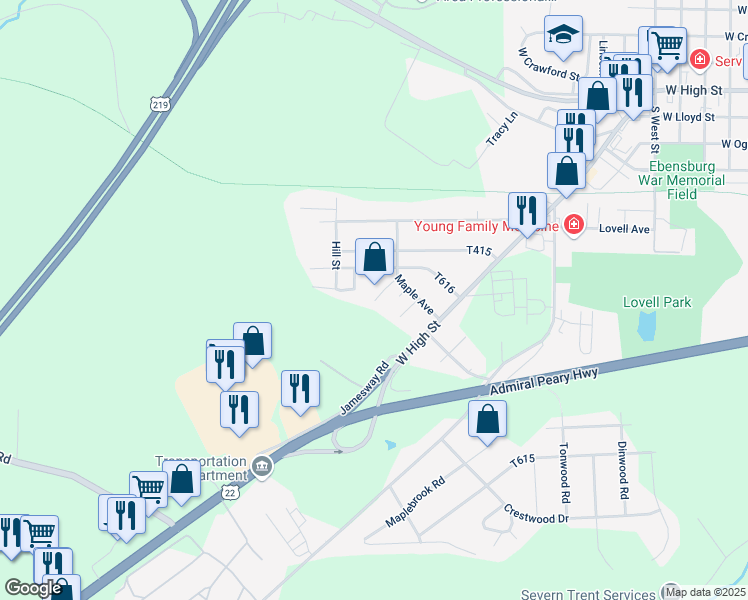 map of restaurants, bars, coffee shops, grocery stores, and more near 399 Pennview St in Ebensburg