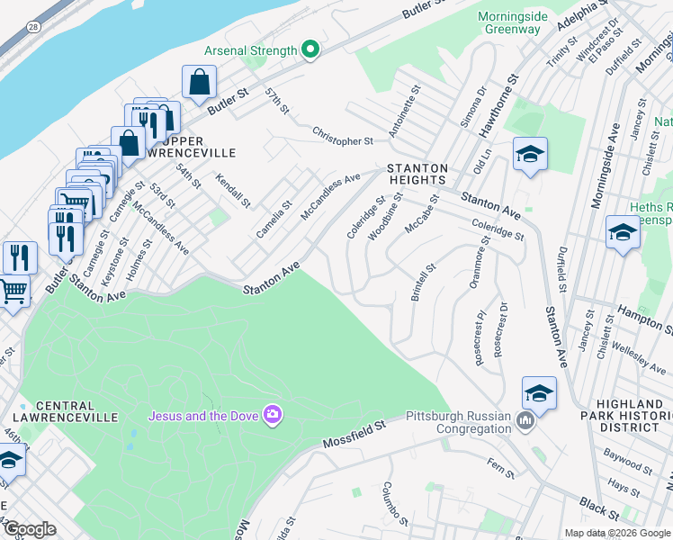 map of restaurants, bars, coffee shops, grocery stores, and more near 4351 Coleridge Street in Pittsburgh