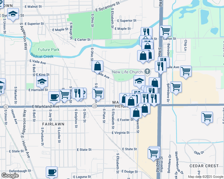 map of restaurants, bars, coffee shops, grocery stores, and more near 732 South Plate Street in Kokomo