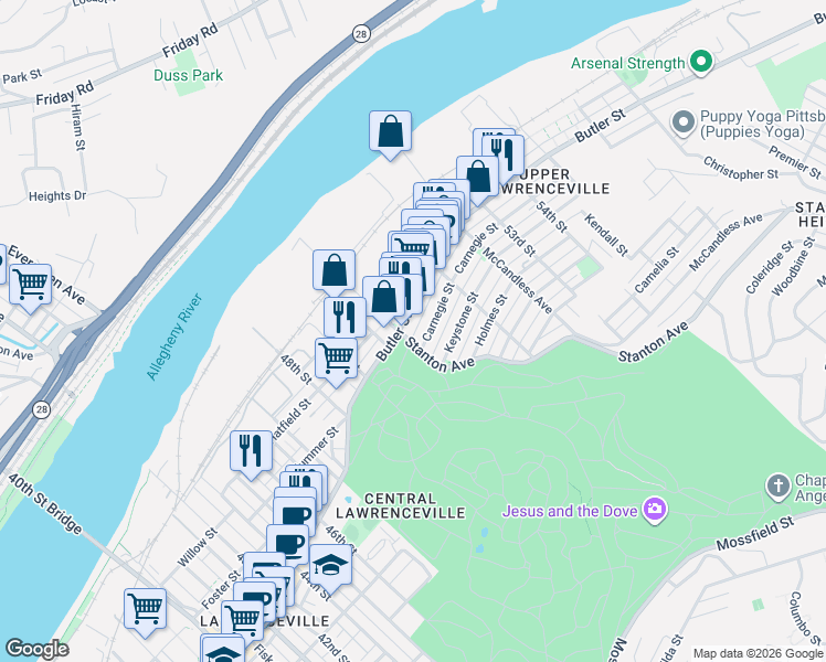 map of restaurants, bars, coffee shops, grocery stores, and more near 5138 Dresden Way in Pittsburgh